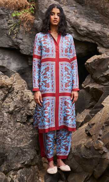 Buy_Dash And Dot_Multi Color Tencel Embroidery Paisley Print Longline Shirt Kurta And Pant Set 