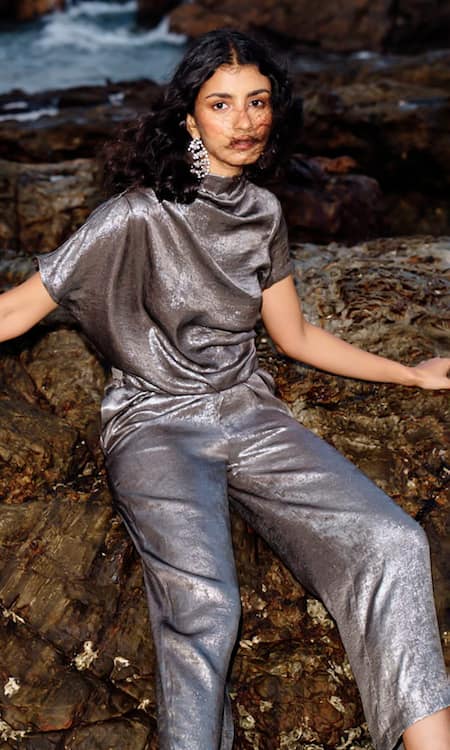 Dash And Dot_Grey Polyester High Neck Metallic Shimmer Lame Draped Top And Pant Set _Online_at_Aza_Fashions