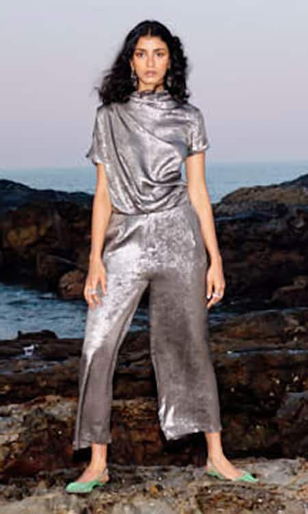Buy_Dash And Dot_Grey Polyester High Neck Metallic Shimmer Lame Draped Top And Pant Set _Online_at_Aza_Fashions
