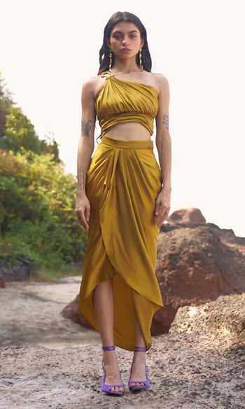 Buy_Dash And Dot_Yellow 100% Recycled Polyester Plain Asymmetric One Shoulder Draped Blouse_Online_at_Aza_Fashions