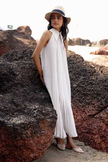 Dash And Dot_White Polyester Collared Pleated Midi Dress _Online_at_Aza_Fashions