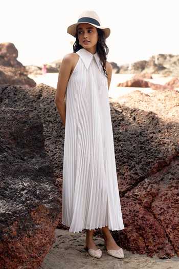Buy_Dash And Dot_White Polyester Collared Pleated Midi Dress _Online_at_Aza_Fashions