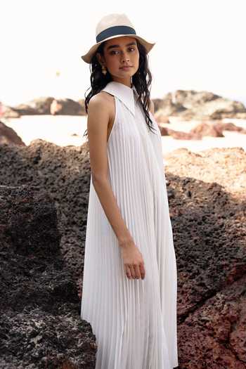 Dash And Dot_White Polyester Collared Pleated Midi Dress _at_Aza_Fashions