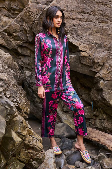 Shop Dash And Dot Multi Color Polyester Embroidery Collared Floral Print Shirt And Pant Set at Aza Fashions Shop_Dash And Dot_Multi Color Polyester Embroidery Collared Floral Print Shirt And Pant Set _at_Aza_Fashions