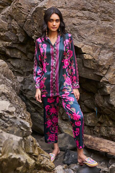 Dash And Dot Multi Color Polyester Embroidery Collared Floral Print Shirt And Pant Set Online at Aza Fashions Dash And Dot_Multi Color Polyester Embroidery Collared Floral Print Shirt And Pant Set _Online_at_Aza_Fashions
