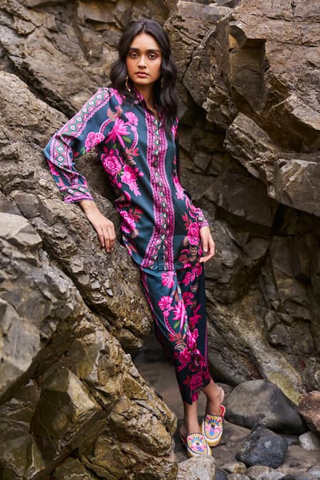 Buy Dash And Dot Multi Color Polyester Embroidery Collared Floral Print Shirt And Pant Set Online at Aza Fashions Buy_Dash And Dot_Multi Color Polyester Embroidery Collared Floral Print Shirt And Pant Set _Online_at_Aza_Fashions