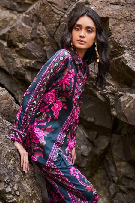 Shop Dash And Dot Multi Color Polyester Embroidery Collared Floral Print Shirt And Pant Set Online at Aza Fashions Shop_Dash And Dot_Multi Color Polyester Embroidery Collared Floral Print Shirt And Pant Set _Online_at_Aza_Fashions