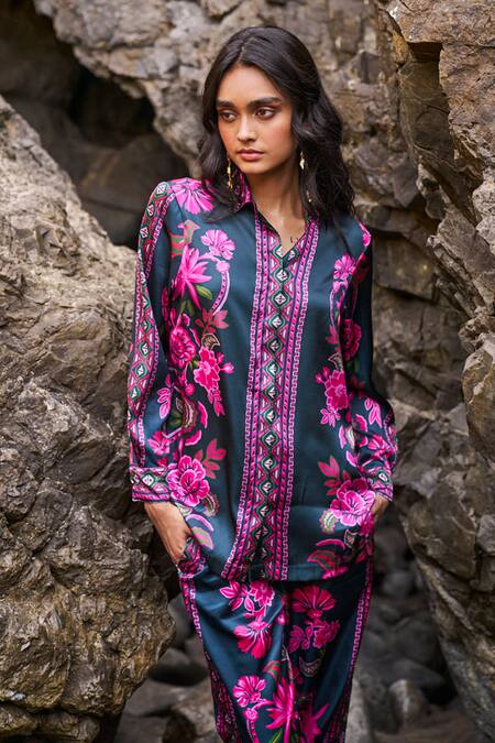 Dash And Dot Multi Color Polyester Embroidery Collared Floral Print Shirt And Pant Set at Aza Fashions Dash And Dot_Multi Color Polyester Embroidery Collared Floral Print Shirt And Pant Set _at_Aza_Fashions