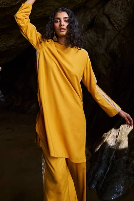 Dash And Dot_Yellow Cotton Embroidery Round Neck Side Top And Pant Set _Online_at_Aza_Fashions