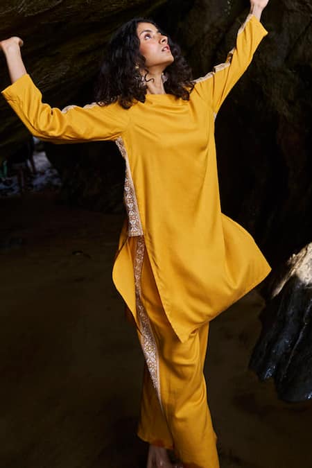 Buy_Dash And Dot_Yellow Cotton Embroidery Round Neck Side Top And Pant Set _Online_at_Aza_Fashions