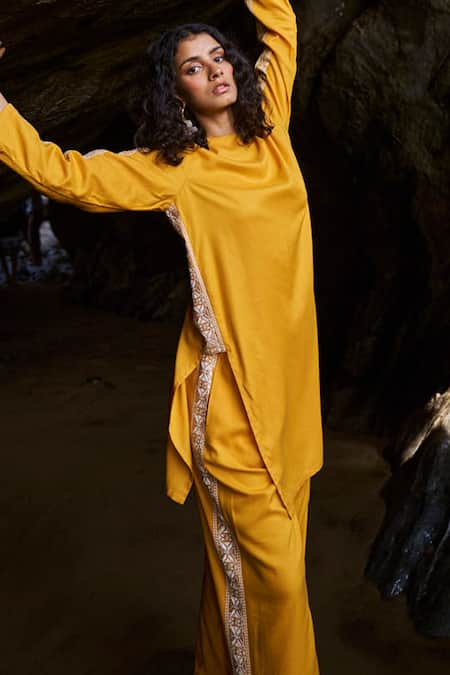Shop_Dash And Dot_Yellow Cotton Embroidery Round Neck Side Top And Pant Set _Online_at_Aza_Fashions