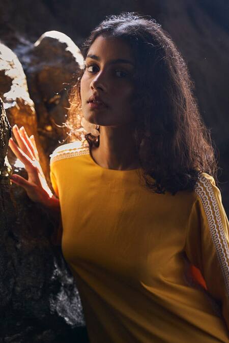 Dash And Dot_Yellow Cotton Embroidery Round Neck Side Top And Pant Set _at_Aza_Fashions