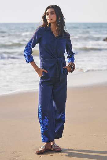 Dash And Dot_Blue Polyester Embroidery Collared Sleeve Shirt And Pant Set _Online_at_Aza_Fashions