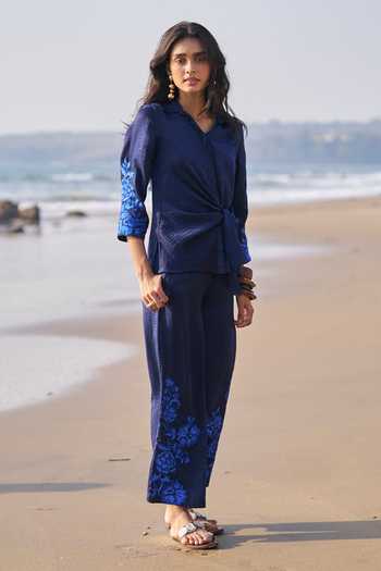 Shop_Dash And Dot_Blue Polyester Embroidery Collared Sleeve Shirt And Pant Set _Online_at_Aza_Fashions