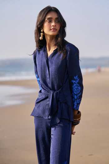 Dash And Dot_Blue Polyester Embroidery Collared Sleeve Shirt And Pant Set _at_Aza_Fashions