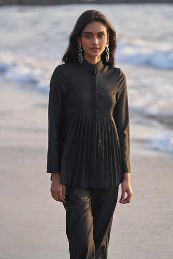 Dash And Dot_Black Viscose, Polyester Bandeau Neck Pleated Peplum Top And Pant Set _Online_at_Aza_Fashions