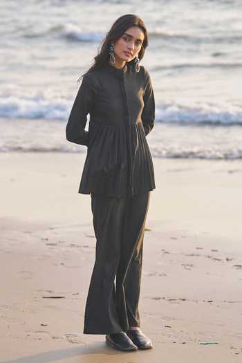 Buy_Dash And Dot_Black Viscose, Polyester Bandeau Neck Pleated Peplum Top And Pant Set _Online_at_Aza_Fashions