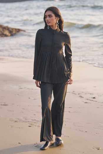 Shop_Dash And Dot_Black Viscose, Polyester Bandeau Neck Pleated Peplum Top And Pant Set _Online_at_Aza_Fashions