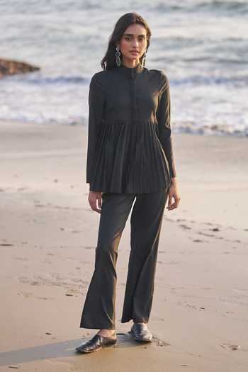 Dash And Dot_Black Viscose, Polyester Bandeau Neck Pleated Peplum Top And Pant Set _at_Aza_Fashions