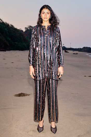 Dash And Dot_Black Polyester Sequins Collared Metallic Striped Long Shirt _Online_at_Aza_Fashions