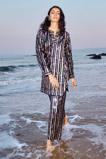 Shop_Dash And Dot_Black Polyester Sequins Collared Metallic Striped Long Shirt _Online_at_Aza_Fashions