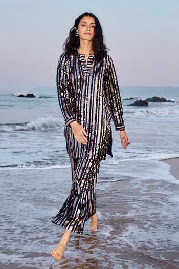 Dash And Dot_Black Polyester Sequins Collared Metallic Striped Long Shirt _at_Aza_Fashions