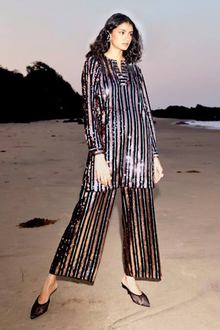 Dash And Dot_Black Polyester Sequins Embroidered Striped Pant _Online_at_Aza_Fashions