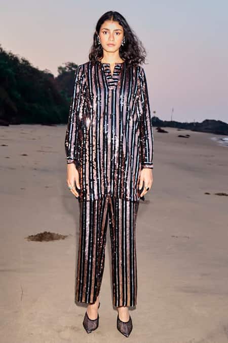 Buy_Dash And Dot_Black Polyester Sequins Embroidered Striped Pant _Online_at_Aza_Fashions