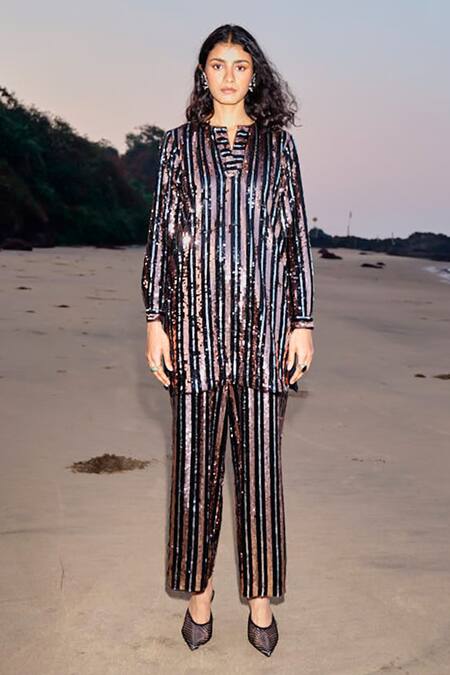 Shop_Dash And Dot_Black Polyester Sequins Embroidered Striped Pant _Online_at_Aza_Fashions