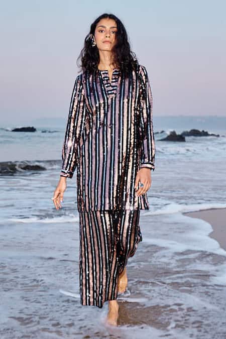 Dash And Dot_Black Polyester Sequins Embroidered Striped Pant _at_Aza_Fashions