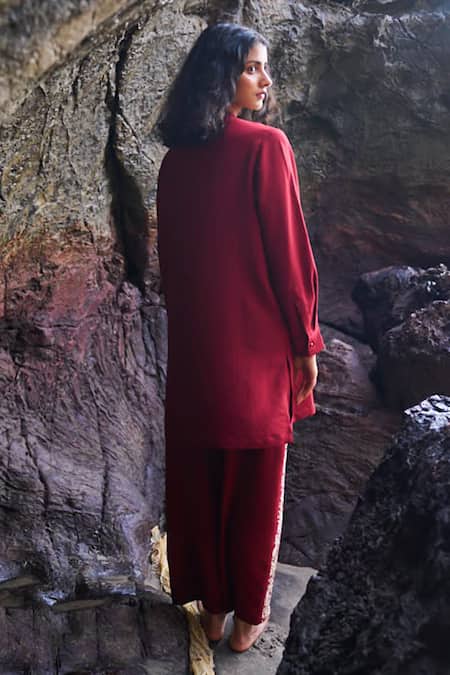 Dash And Dot Floral Embroidered Long Shirt & Pant Set 