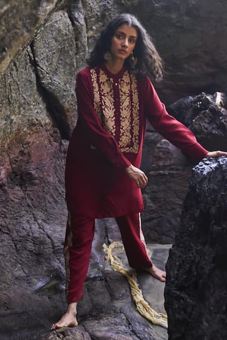 Dash And Dot_Red Viscose, Polyester Embroidery Bandeau Neck Floral Long Shirt And Pant Set _Online_at_Aza_Fashions