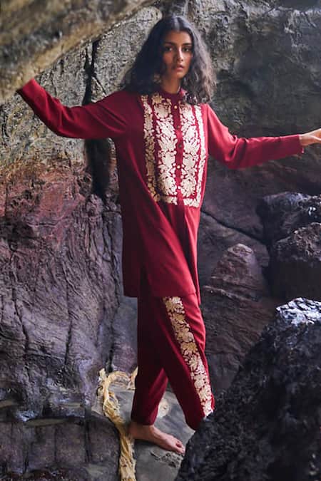 Shop_Dash And Dot_Red Viscose, Polyester Embroidery Bandeau Neck Floral Long Shirt And Pant Set _Online_at_Aza_Fashions