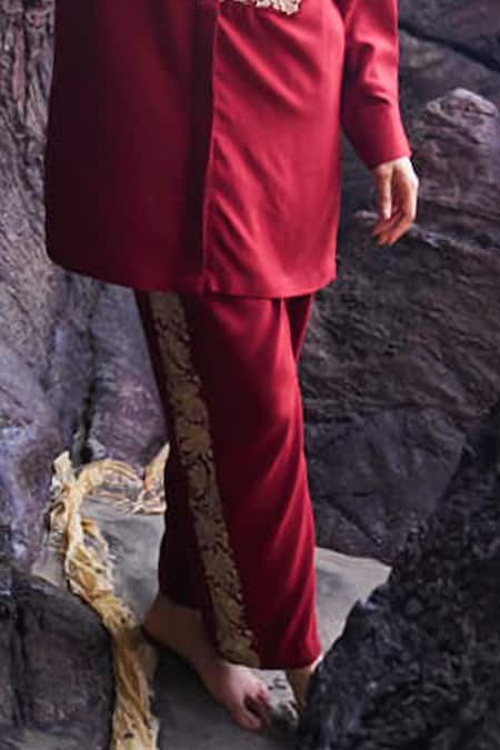 Dash And Dot_Red Viscose, Polyester Embroidery Bandeau Neck Floral Long Shirt And Pant Set _at_Aza_Fashions