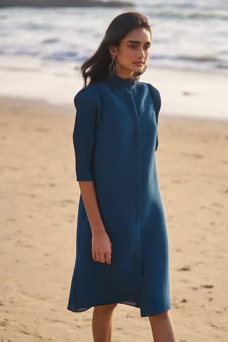 Dash And Dot Blue Polyester Round Neck Pleated Midi Dress Online at Aza Fashions Dash And Dot_Blue Polyester Round Neck Pleated Midi Dress _Online_at_Aza_Fashions