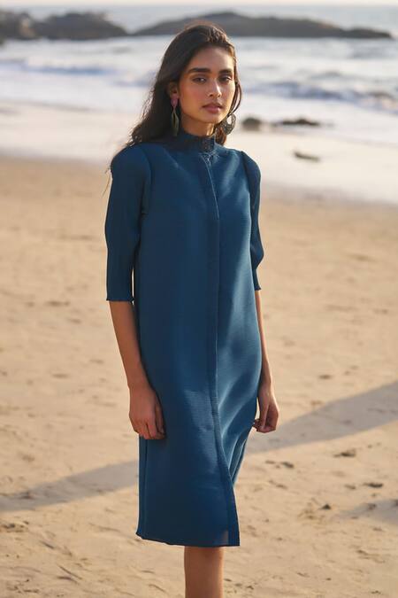 Shop Dash And Dot Blue Polyester Round Neck Pleated Midi Dress Online at Aza Fashions Shop_Dash And Dot_Blue Polyester Round Neck Pleated Midi Dress _Online_at_Aza_Fashions