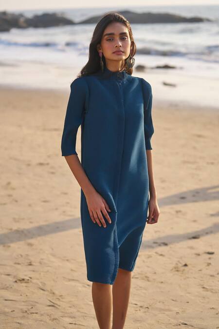 Dash And Dot Blue Polyester Round Neck Pleated Midi Dress at Aza Fashions Dash And Dot_Blue Polyester Round Neck Pleated Midi Dress _at_Aza_Fashions