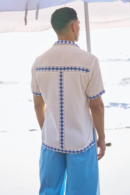 Shop Dash And Dot White Cotton Embroidery Motif Panel Shirt at Aza Fashions Shop_Dash And Dot_White Cotton Embroidery Motif Panel Shirt _at_Aza_Fashions