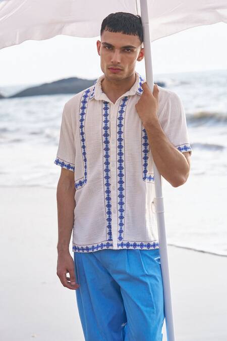 Dash And Dot White Cotton Embroidery Motif Panel Shirt Online at Aza Fashions Dash And Dot_White Cotton Embroidery Motif Panel Shirt _Online_at_Aza_Fashions