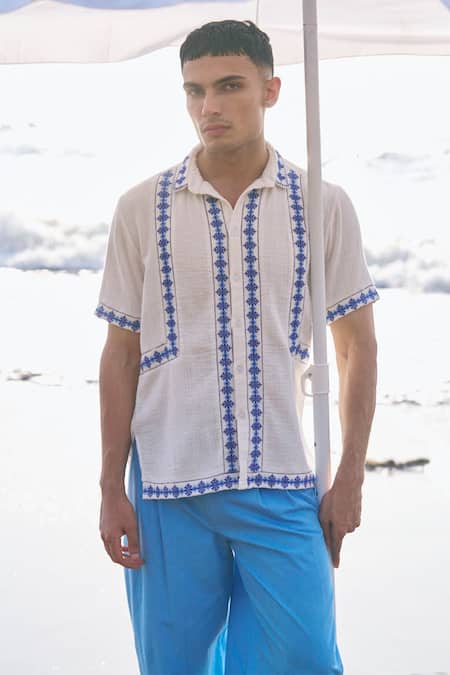 Shop Dash And Dot White Cotton Embroidery Motif Panel Shirt Online at Aza Fashions Shop_Dash And Dot_White Cotton Embroidery Motif Panel Shirt _Online_at_Aza_Fashions