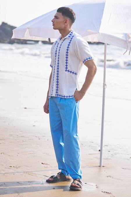 Dash And Dot White Cotton Embroidery Motif Panel Shirt at Aza Fashions Dash And Dot_White Cotton Embroidery Motif Panel Shirt _at_Aza_Fashions