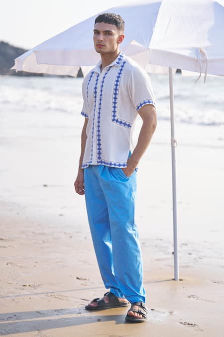 Buy Dash And Dot White Cotton Embroidery Motif Panel Shirt Buy_Dash And Dot_White Cotton Embroidery Motif Panel Shirt