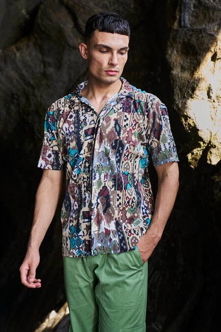 Dash And Dot Multi Color Polyester Embroidery Tribal Print Pleated Shirt at Aza Fashions Dash And Dot_Multi Color Polyester Embroidery Tribal Print Pleated Shirt _at_Aza_Fashions