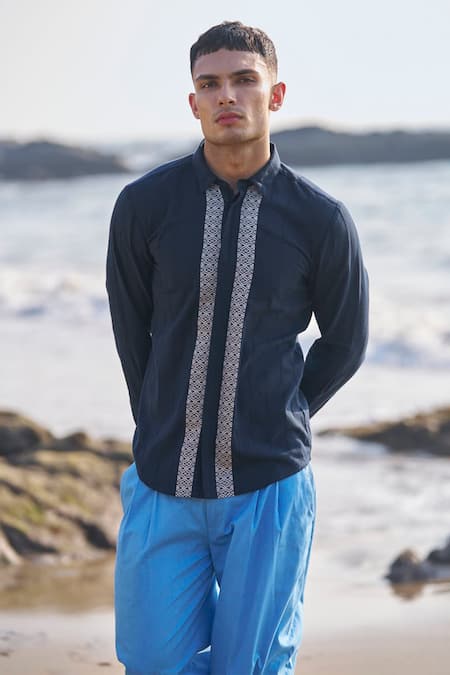 Dash And Dot_Blue Cotton Textured Front Panel Shirt _Online_at_Aza_Fashions