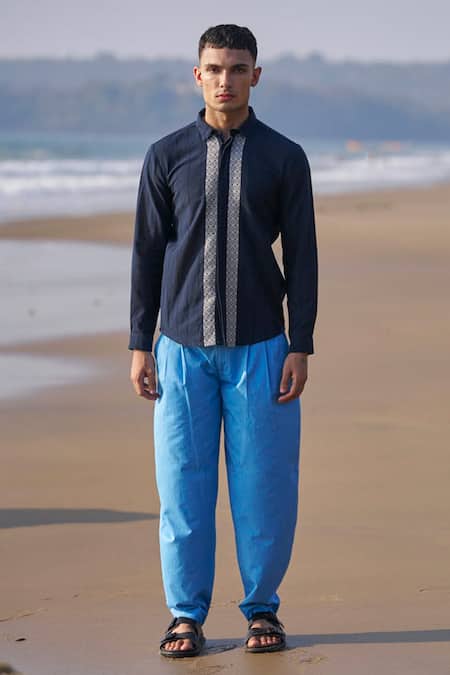 Buy_Dash And Dot_Blue Cotton Textured Front Panel Shirt _Online_at_Aza_Fashions