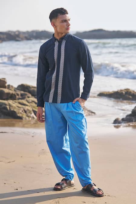 Shop_Dash And Dot_Blue Cotton Textured Front Panel Shirt _Online_at_Aza_Fashions