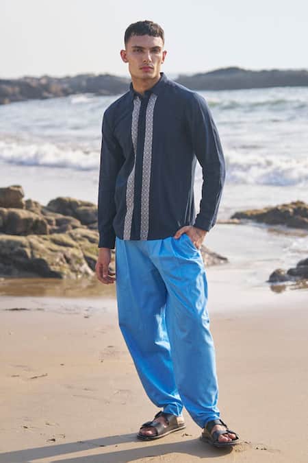 Dash And Dot_Blue Cotton Textured Front Panel Shirt _at_Aza_Fashions