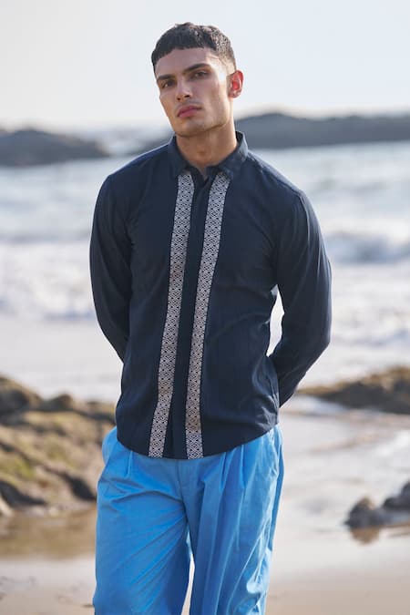 Buy_Dash And Dot_Blue Cotton Textured Front Panel Shirt 