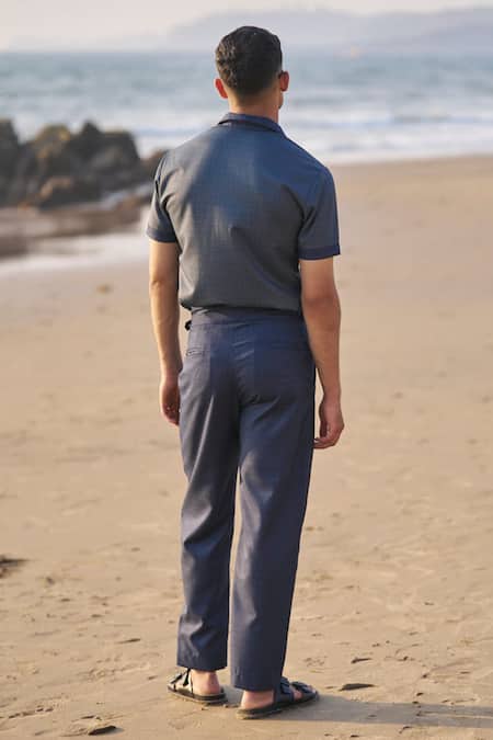 Shop_Dash And Dot_Blue Viscose, Polyester Tonal Chequered Pattern Pant _at_Aza_Fashions