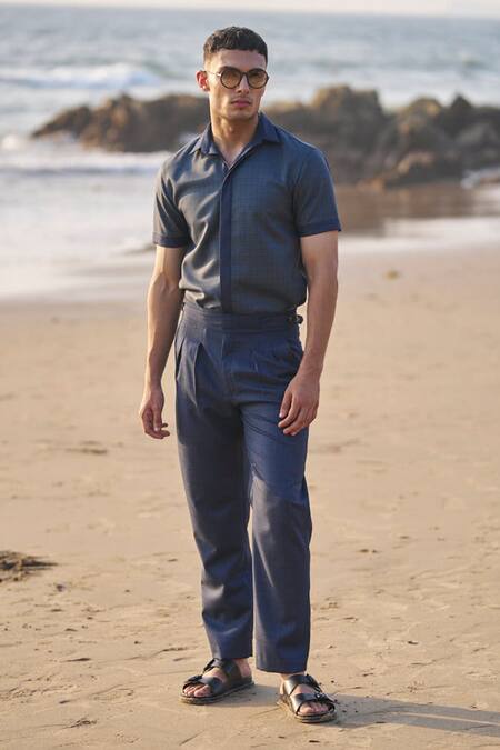 Dash And Dot_Blue Viscose, Polyester Tonal Chequered Pattern Pant _Online_at_Aza_Fashions